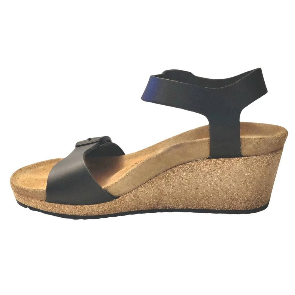 Papillio by Birkenstock Soley Black Leather Cork Slingback Wedge Sandals 38 7